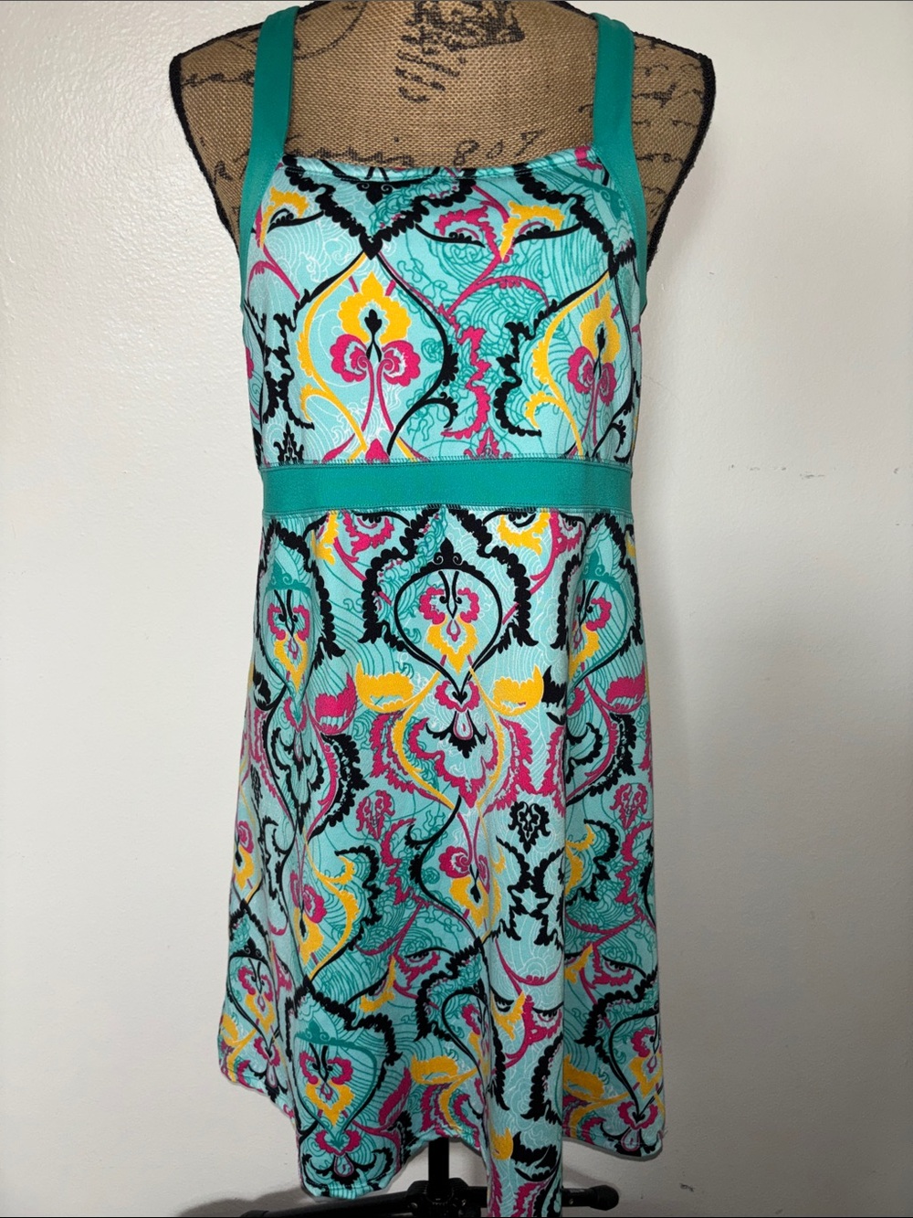Soybu Sz L Teal Multicolor Patterned Swimsuit Dress